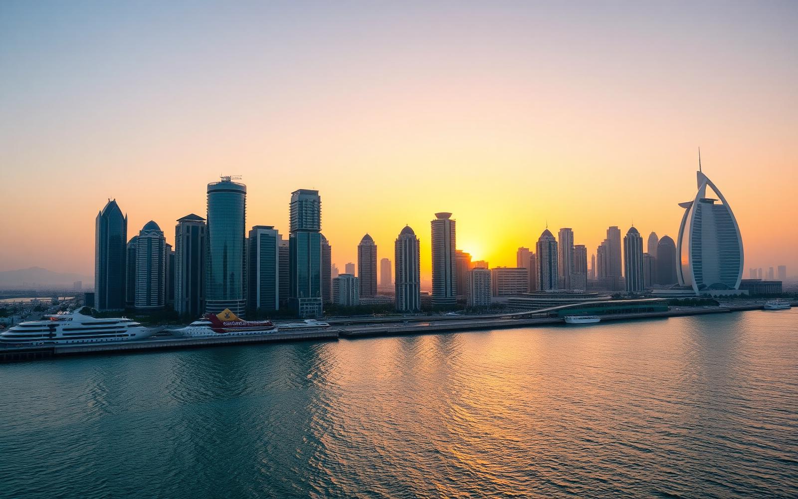 Doha West Bay skyline over the Corniche at golden hour — Qatar work residence permit destination