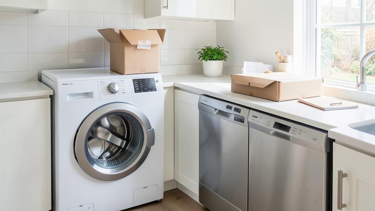 A new washing machine and dishwasher in a bright kitchen beside packaging and a receipt folder