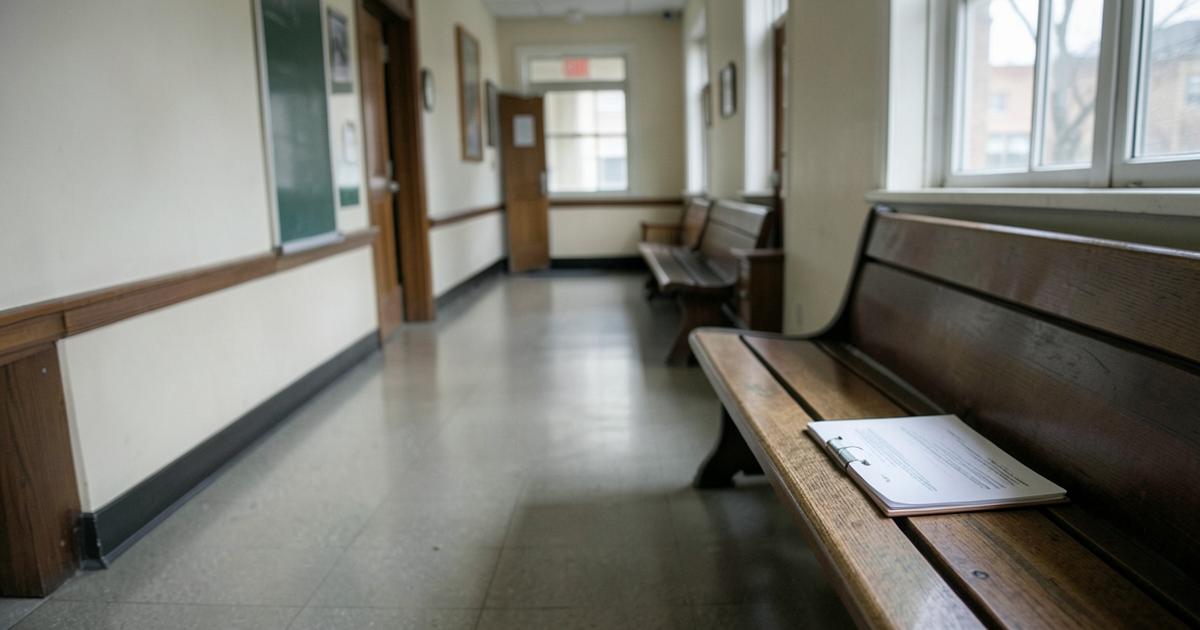 A quiet courthouse corridor with wooden benches and a bundle of papers