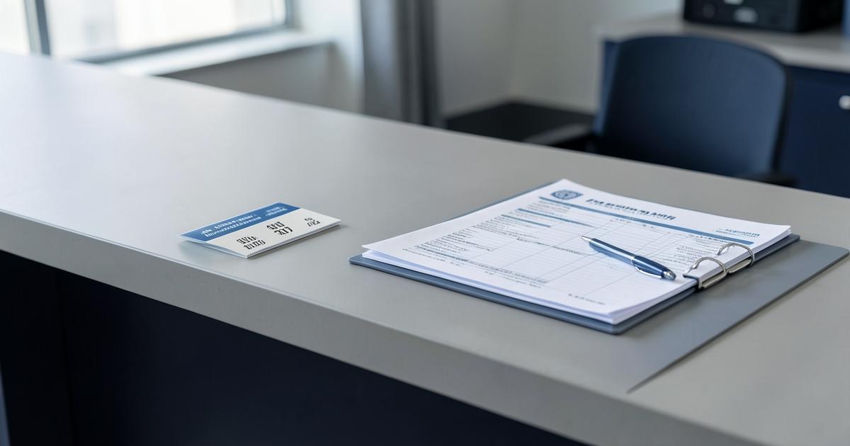 A public service counter with a numbered ticket and a folder of forms