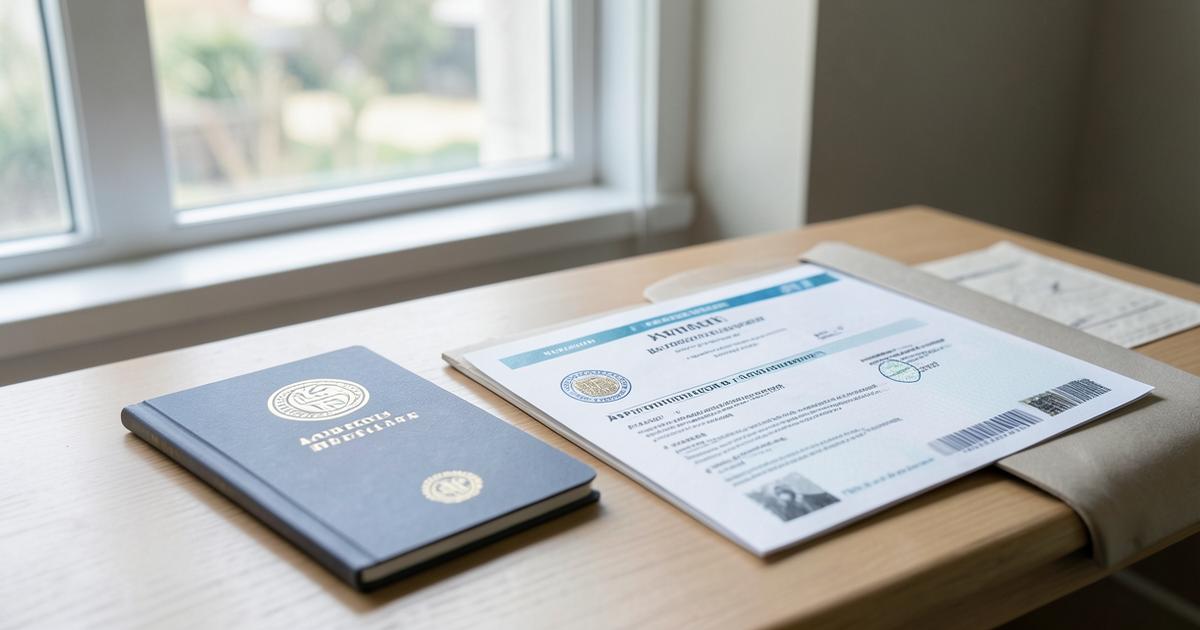 A passport and an appointment confirmation letter on a desk beside a document folder