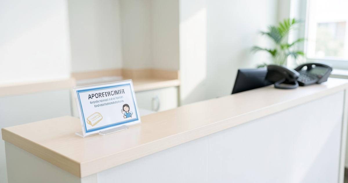 A calm clinic reception desk with an appointment card in daylight