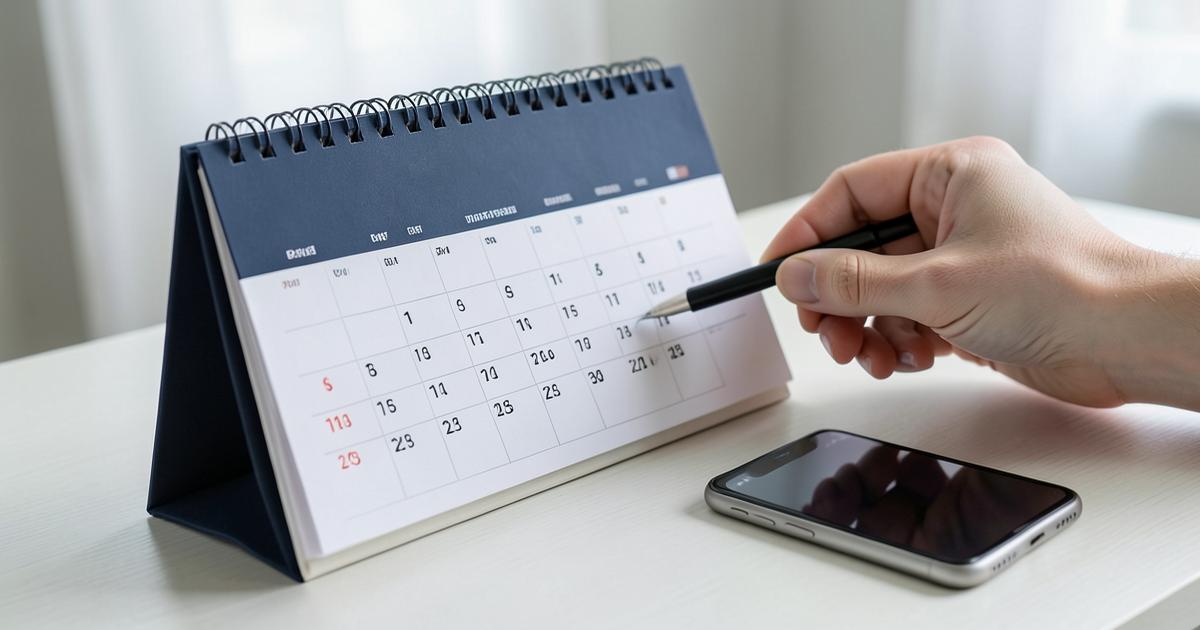 Una mano marcando la fecha de una cita en un calendario de mesa junto a un móvil