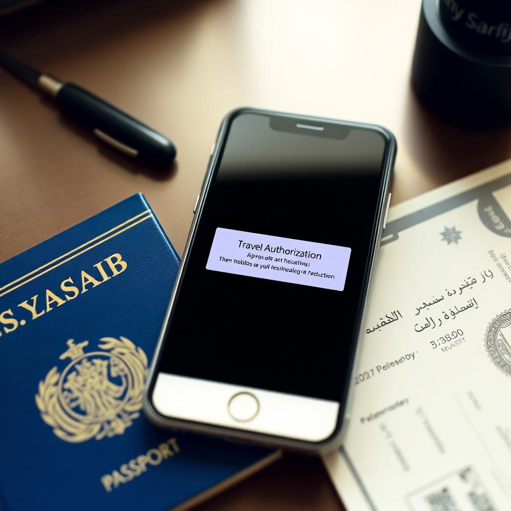 Smartphone showing Saudi Arabia travel authorization approval next to UK passport and boarding pass