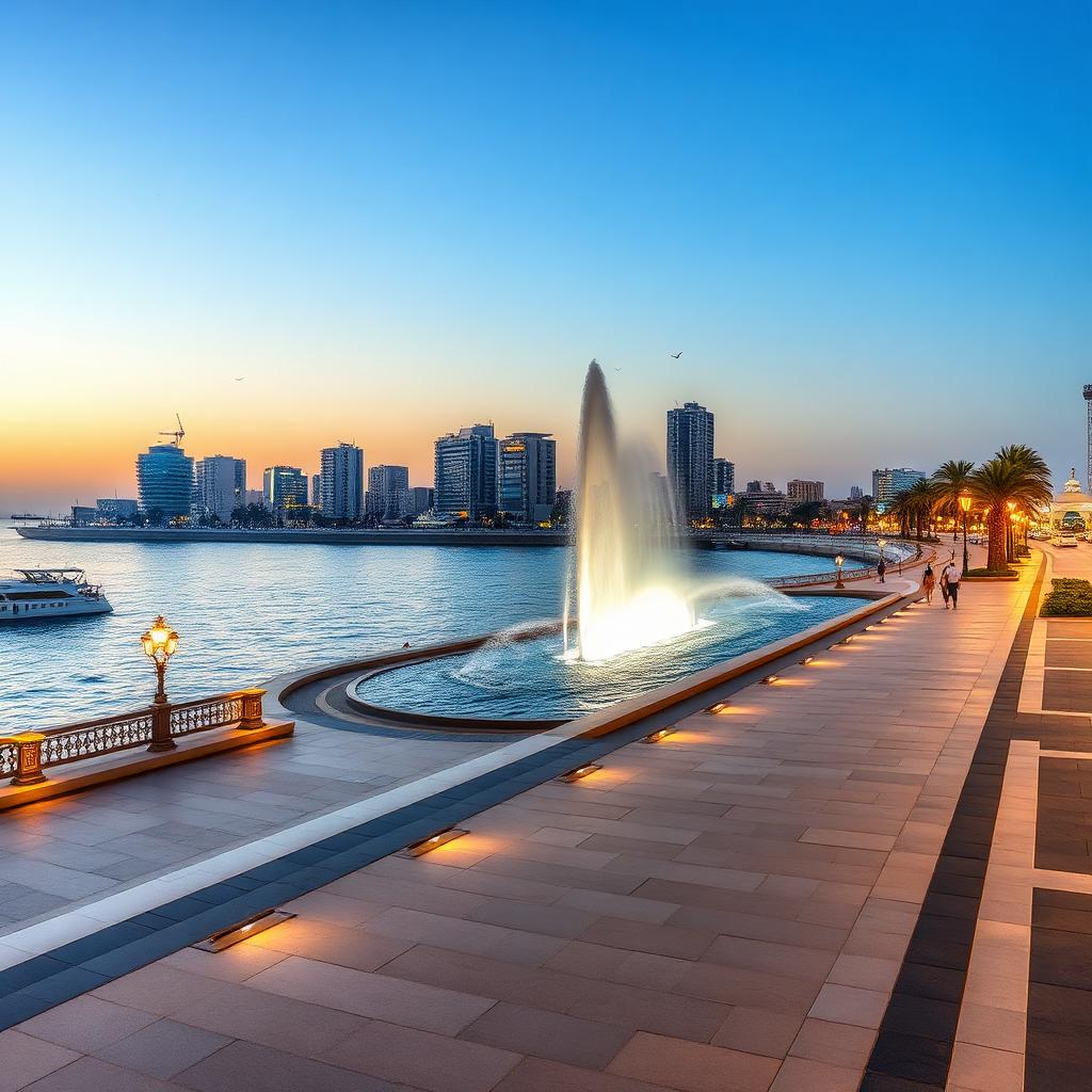 Jeddah Corniche waterfront with King Fahd Fountain at dusk on the Red Sea