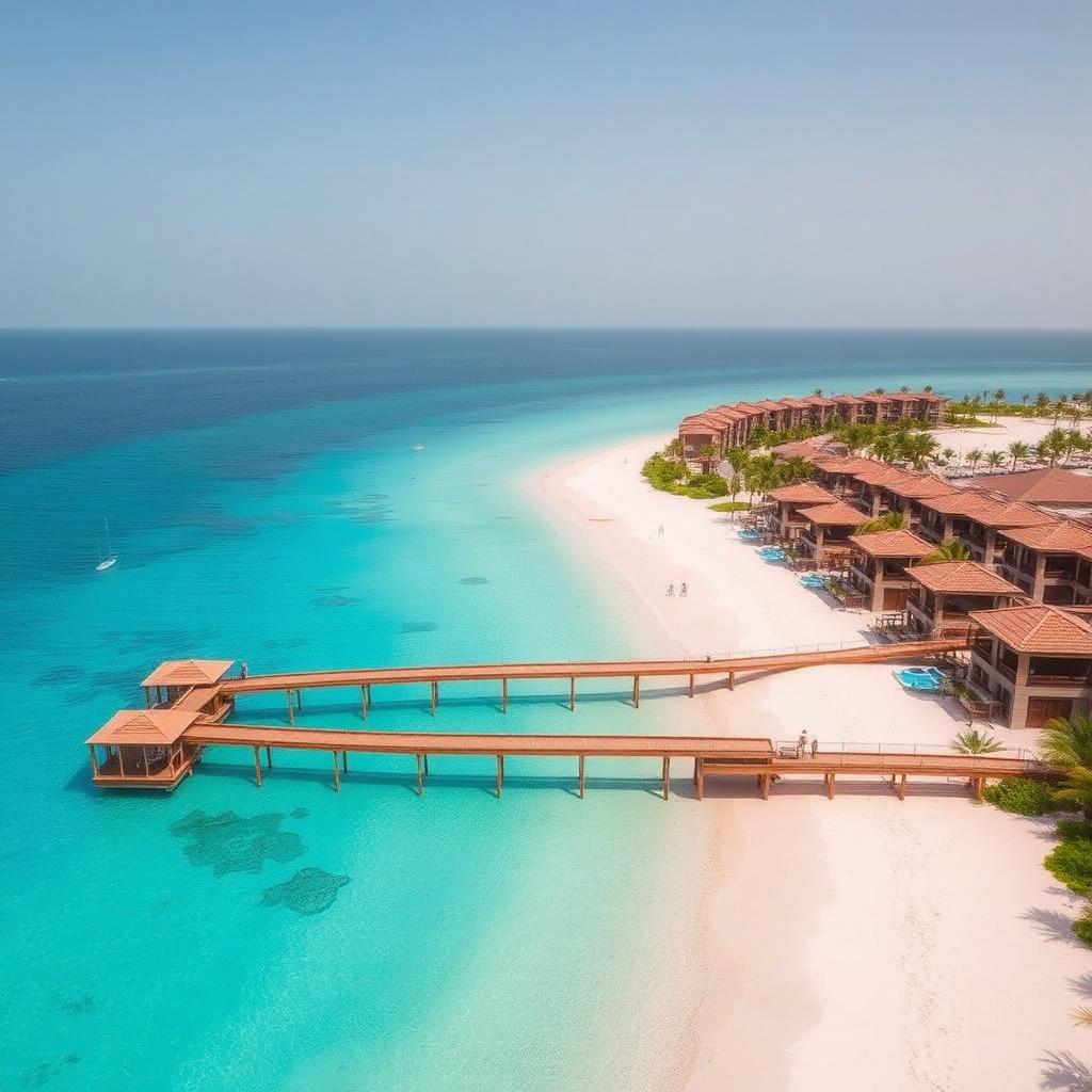 Aerial view of luxury Red Sea coast resort in Saudi Arabia with turquoise water