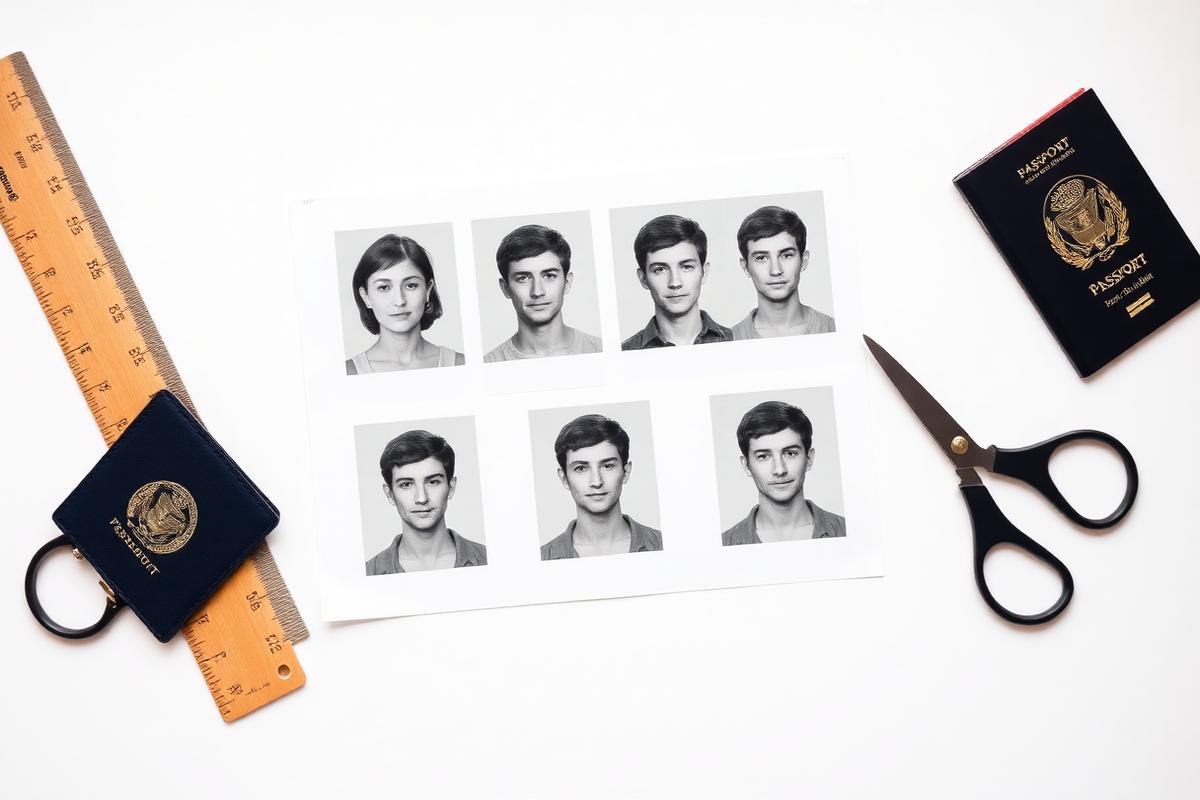 Sheet of compliant passport-size photographs beside a ruler, scissors and a passport, illustrating DV Lottery photo requirements