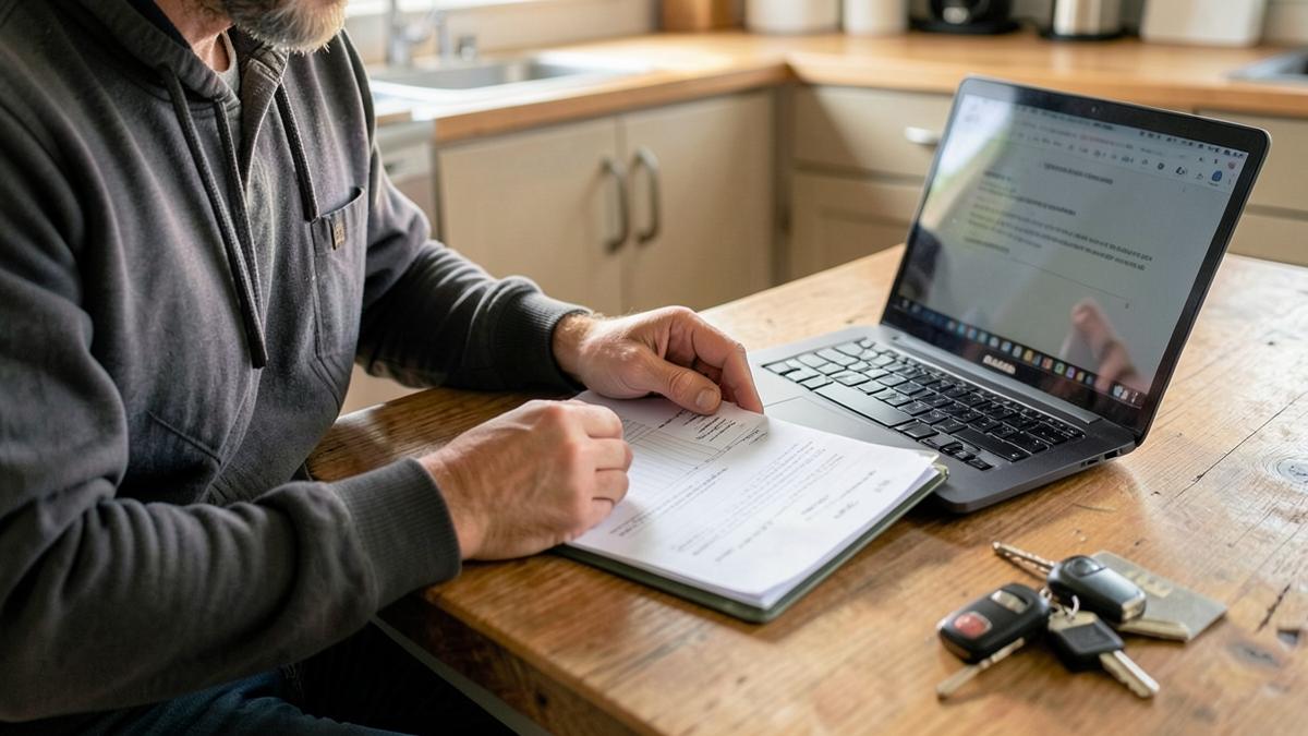 A person reviewing insurance paperwork at a kitchen table with a laptop and car keys
