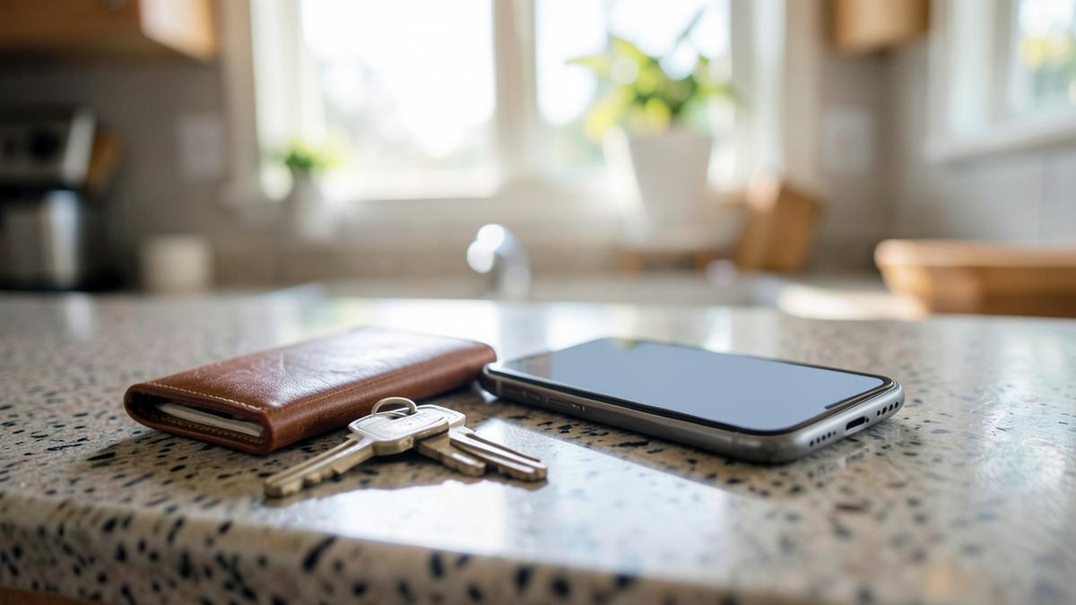 Car keys, a wallet and a phone on a kitchen counter in morning light