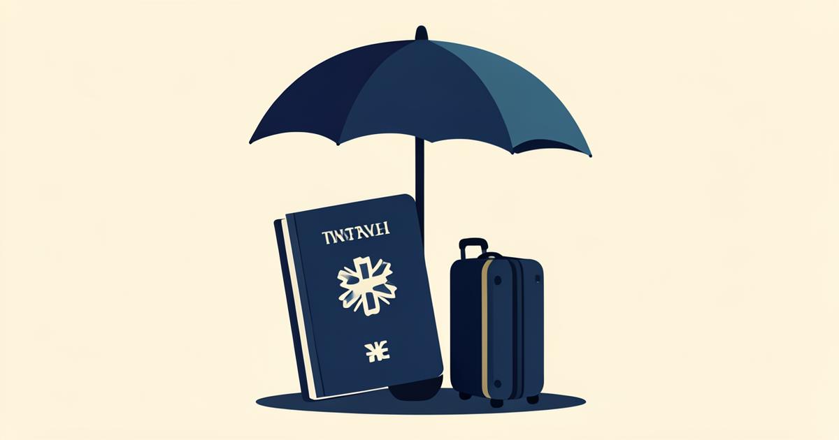 Travel documents, a passport and a policy summary laid out before a trip