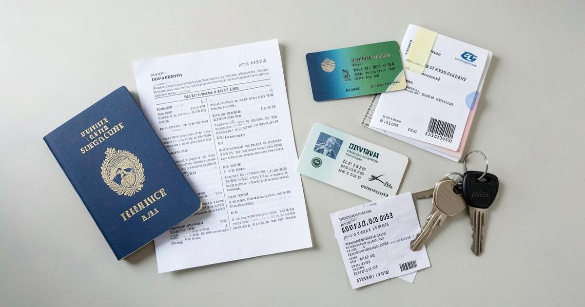 Pasaporte, carnet de conducir, carpeta del seguro, un recibo y llaves de casa sobre una mesa